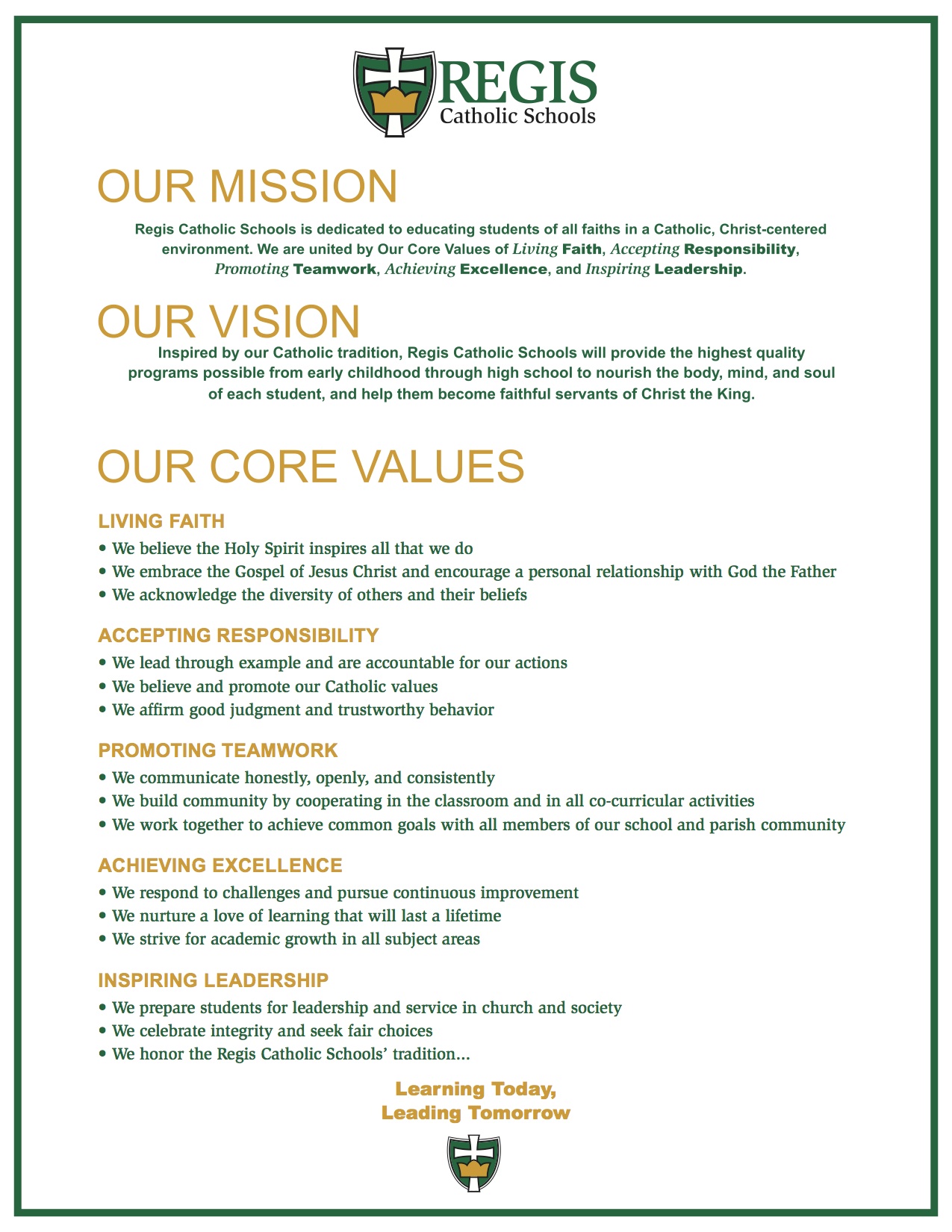 Regis Mission, vision, and values