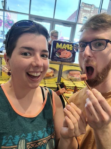 My husband and me having "Spamples" and the Spam Museum!