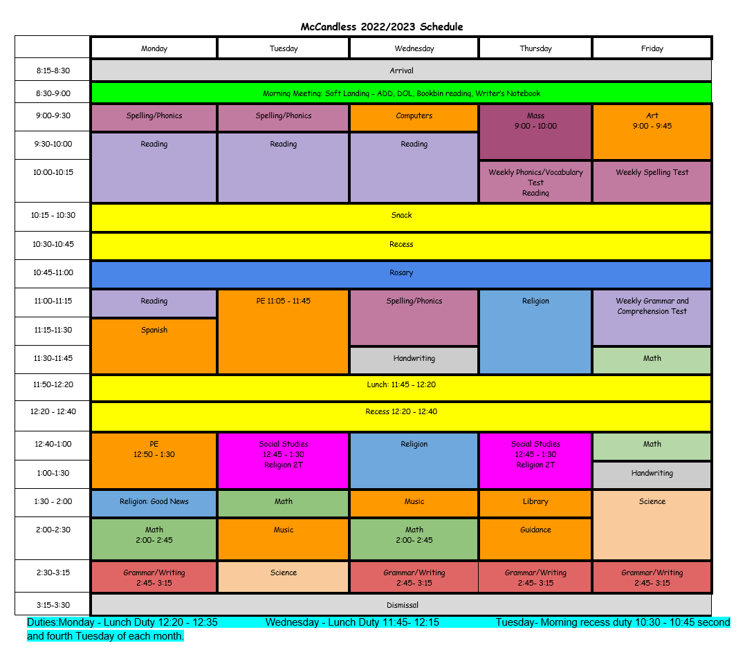 Kathleen McCandless Class Schedules Regis Catholic Schools