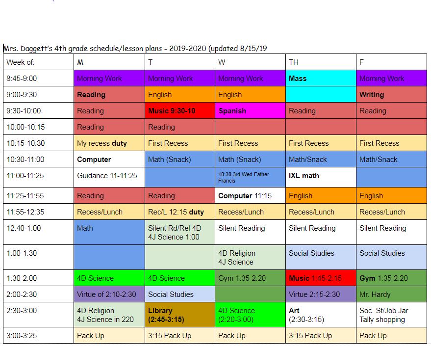 Susan Daggett - Class Schedules | Regis Catholic Schools